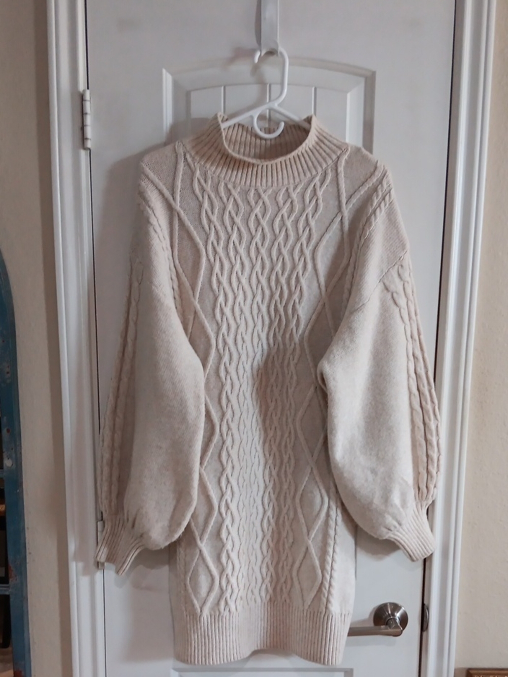 HM Cream Cable Knit Mock Neck Balloon Sleeve Oversized Sweater Dress L